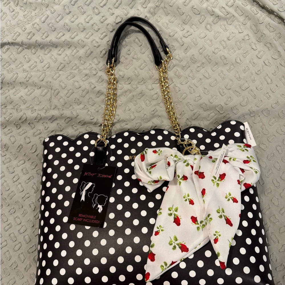 Betsey Johnson Black and White Polka Dot Tote with Floral Bow